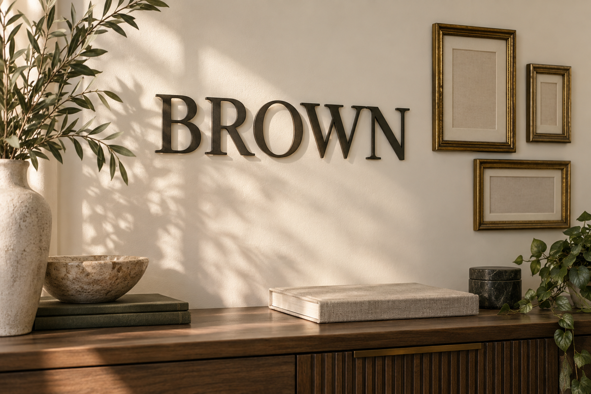 Brown surname wall decor above a memory album and empty frames; AI-generated concept.