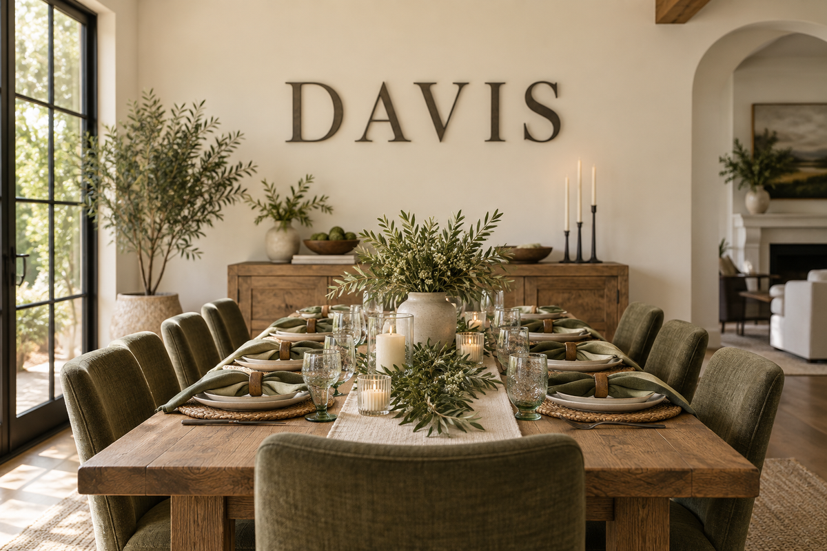 Davis family name wall decor overlooking an olive-toned reunion dining table; AI-generated concept.
