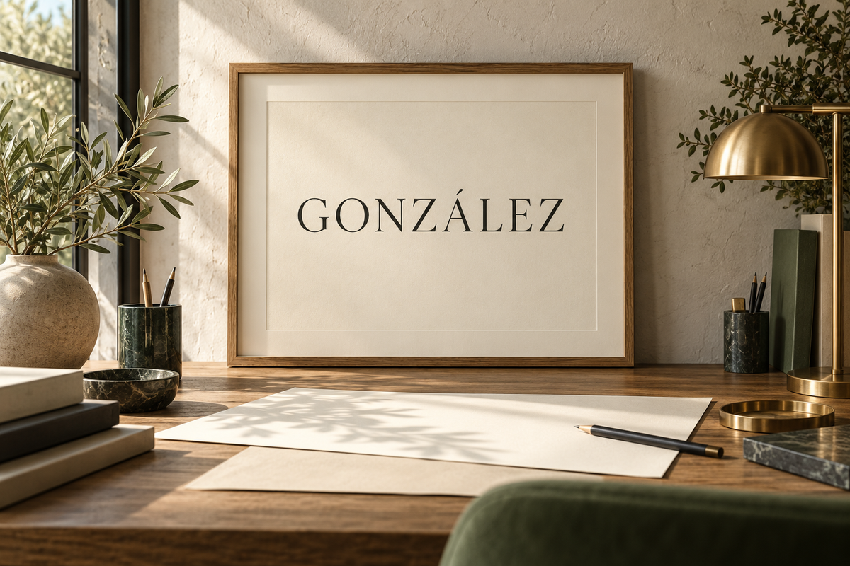 González surname typography in an oak frame on a proofing desk; AI-generated concept.