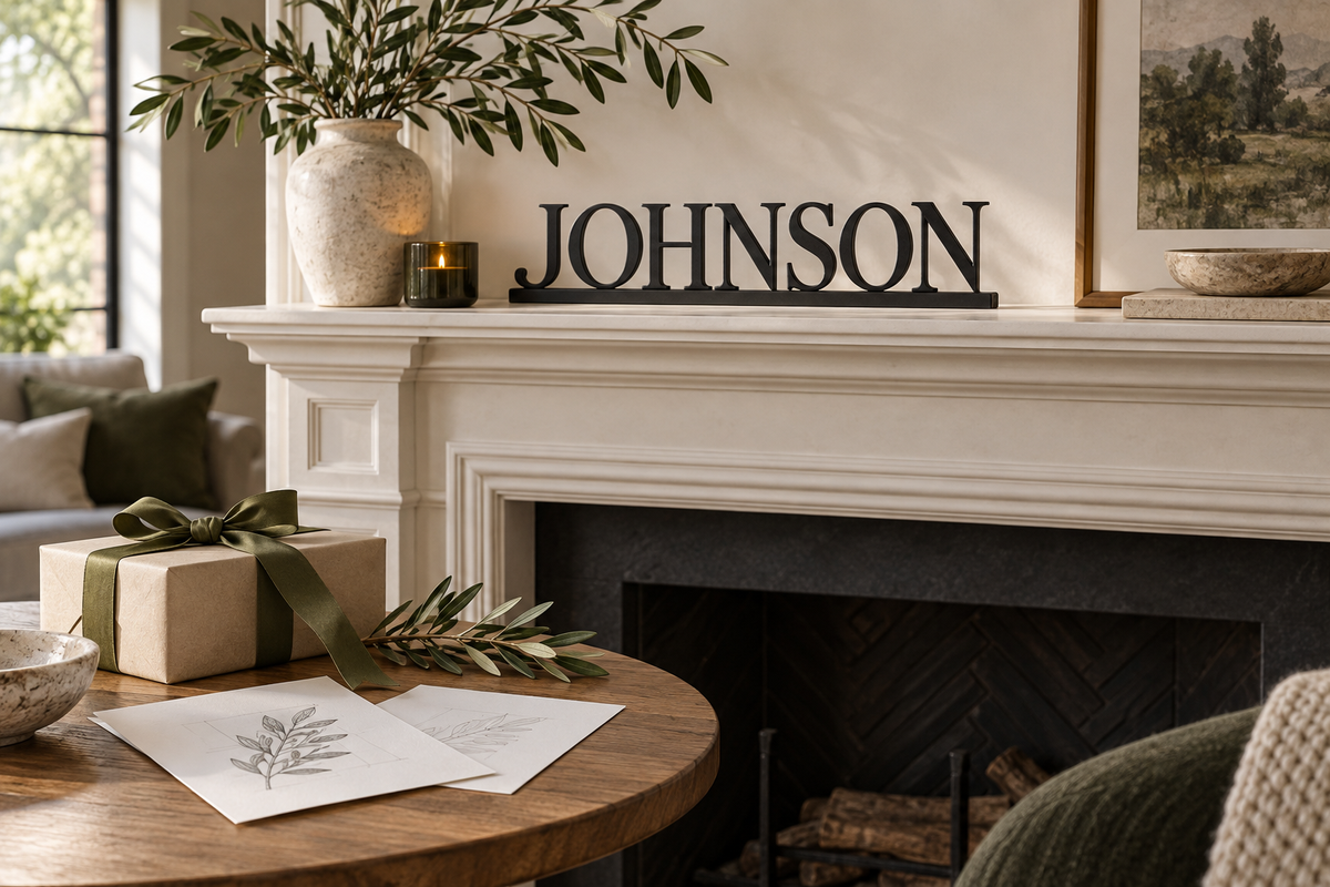 Johnson family name letters on a mantel beside a gift box and olive ribbon; AI-generated concept.