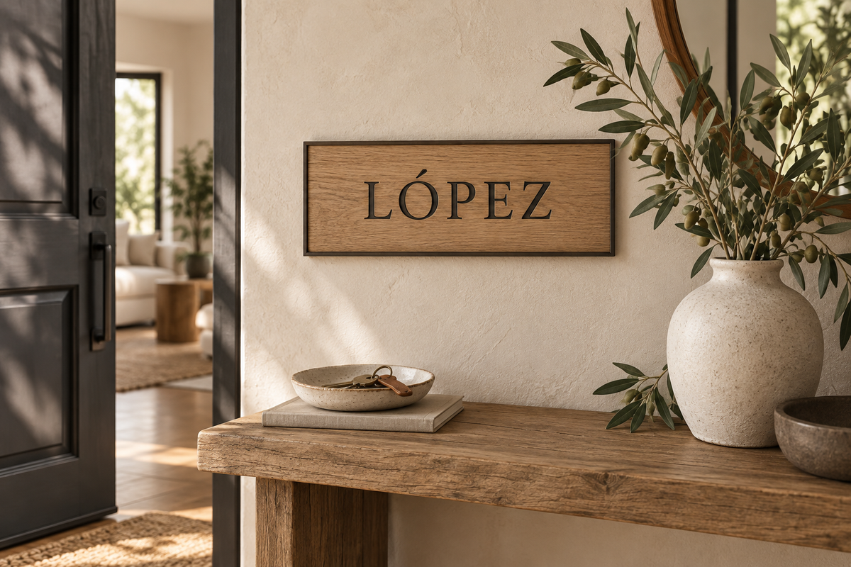 López housewarming name plaque with a ceramic key dish and olive foliage; AI-generated concept.