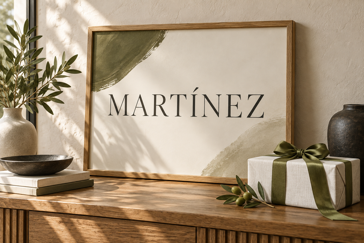 Martínez family name print beside an olive-ribbon anniversary gift; AI-generated concept.