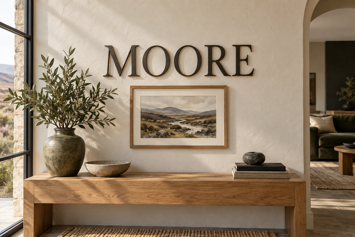 Moore name wall lettering with a framed moorland landscape above an oak console; AI-generated concept.