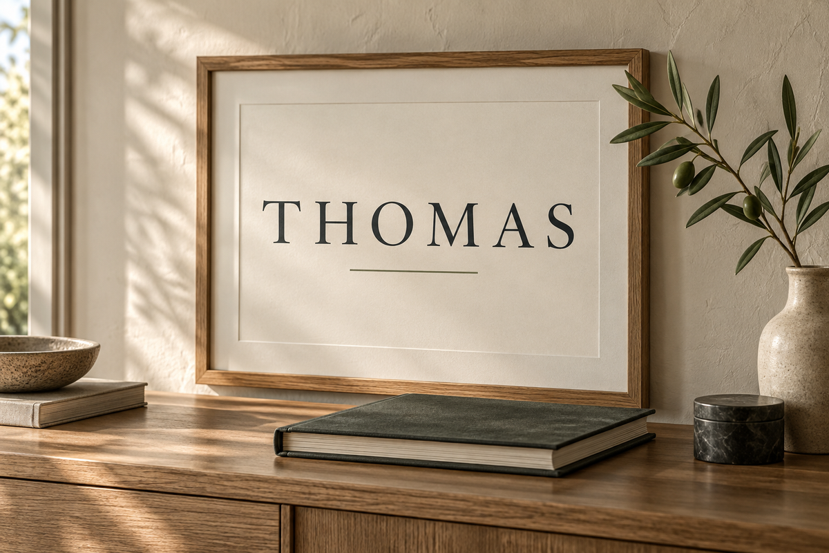 Thomas surname print beside a closed memory album and olive branch; AI-generated concept.