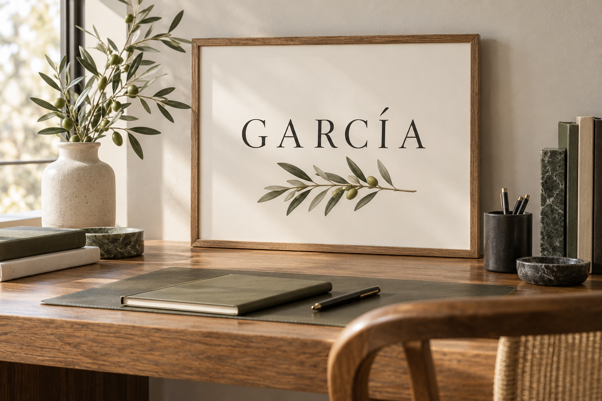 García surname print with an olive branch in an oak frame on a design desk; AI-generated concept.
