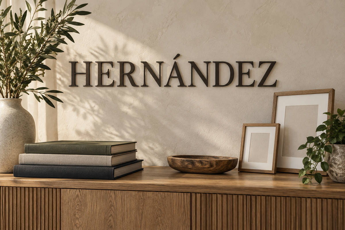 Hernández wall lettering above memory albums and blank family frames; AI-generated concept.