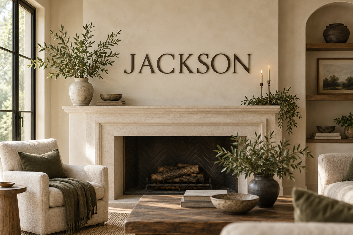 Jackson surname wall lettering over a mantel in a warm family living room; AI-generated concept.