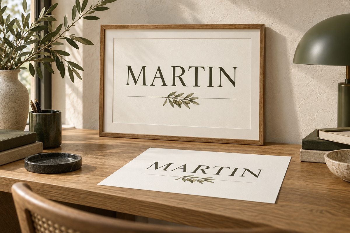 Martin family name print in an oak frame beside a matching paper proof; AI-generated keepsake design concept.