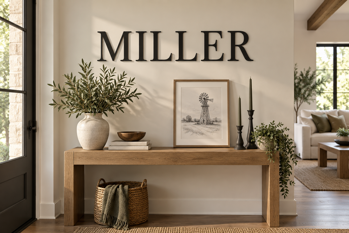 Miller wall lettering above an oak console and framed windmill drawing; AI-generated decor concept.