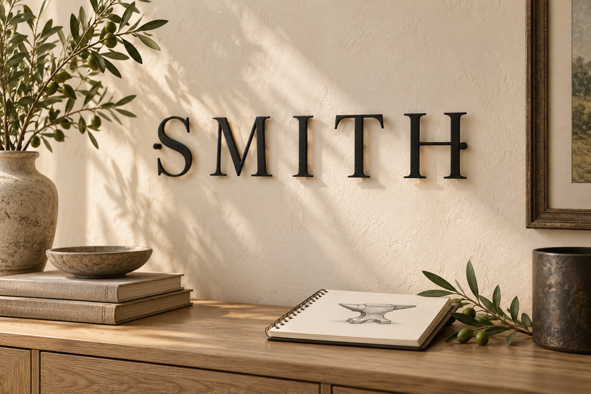 Smith family name wall letters above an oak console with an anvil sketch; AI-generated decor concept.
