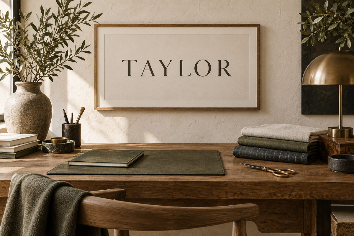 Taylor surname print on a design desk with folded linen and tailoring scissors; AI-generated concept.