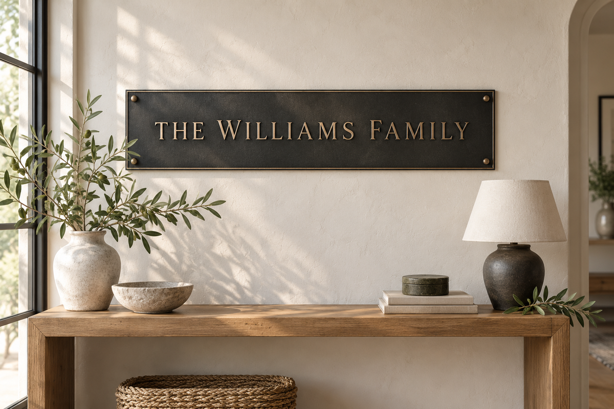 The Williams Family lettering on a contemporary charcoal plaque; AI-generated family sign concept.