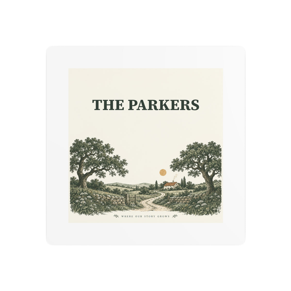 Personalized Country Story Family Name Metal Sign — 8 × 8 in
