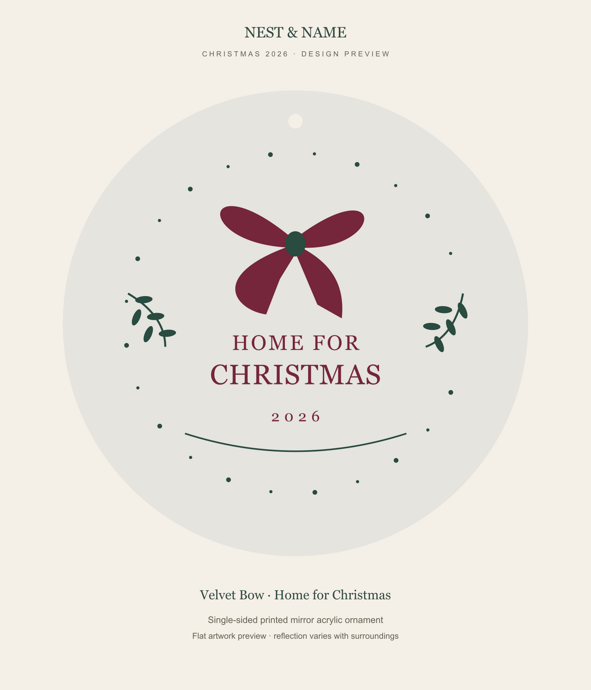 Velvet Bow Home for Christmas Mirror Ornament 2026 — flat artwork preview for mirror acrylic; not a photograph