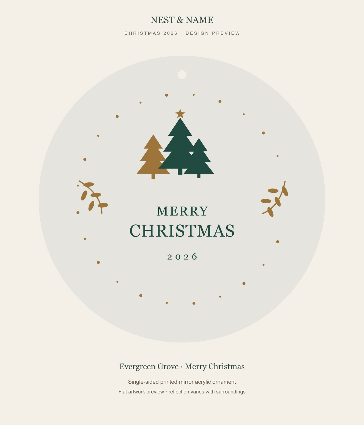 Evergreen Grove Merry Christmas Mirror Ornament 2026 — flat artwork preview for mirror acrylic; not a photograph