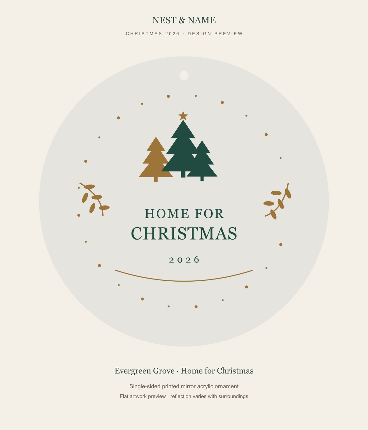 Evergreen Grove Home for Christmas Mirror Ornament 2026 — flat artwork preview for mirror acrylic; not a photograph
