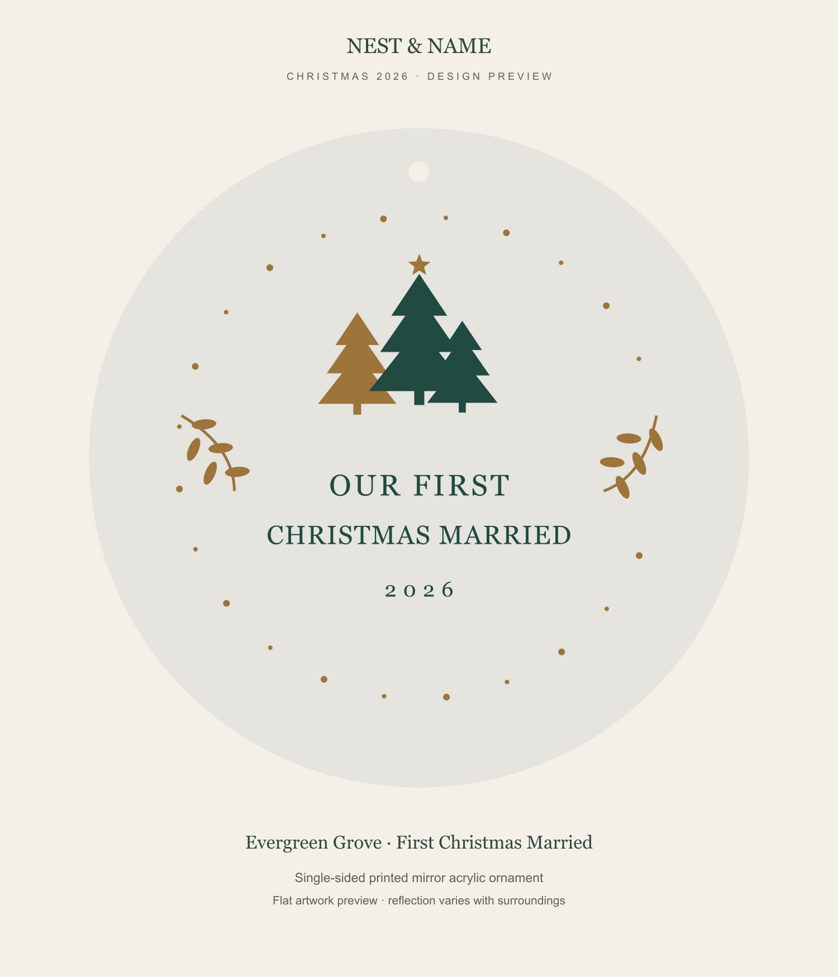 Evergreen Grove First Christmas Married Mirror Ornament 2026 — flat artwork preview for mirror acrylic; not a photograph
