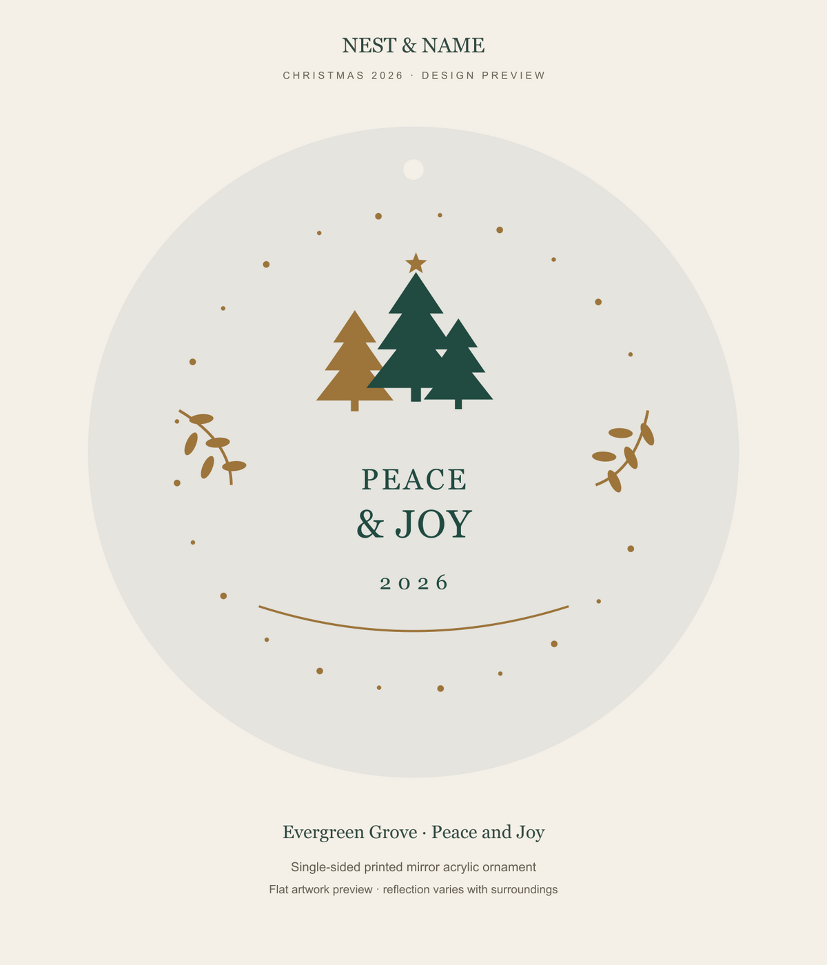 Evergreen Grove Peace and Joy Mirror Ornament 2026 — flat artwork preview for mirror acrylic; not a photograph