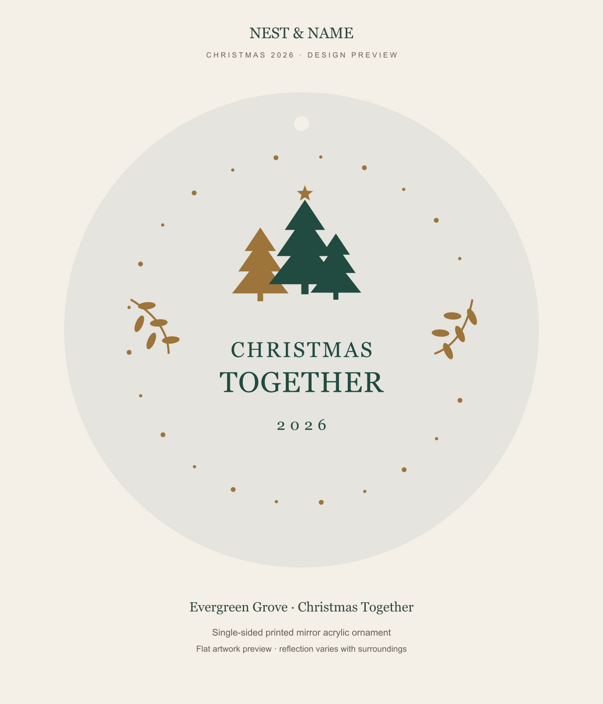 Evergreen Grove Christmas Together Mirror Ornament 2026 — flat artwork preview for mirror acrylic; not a photograph