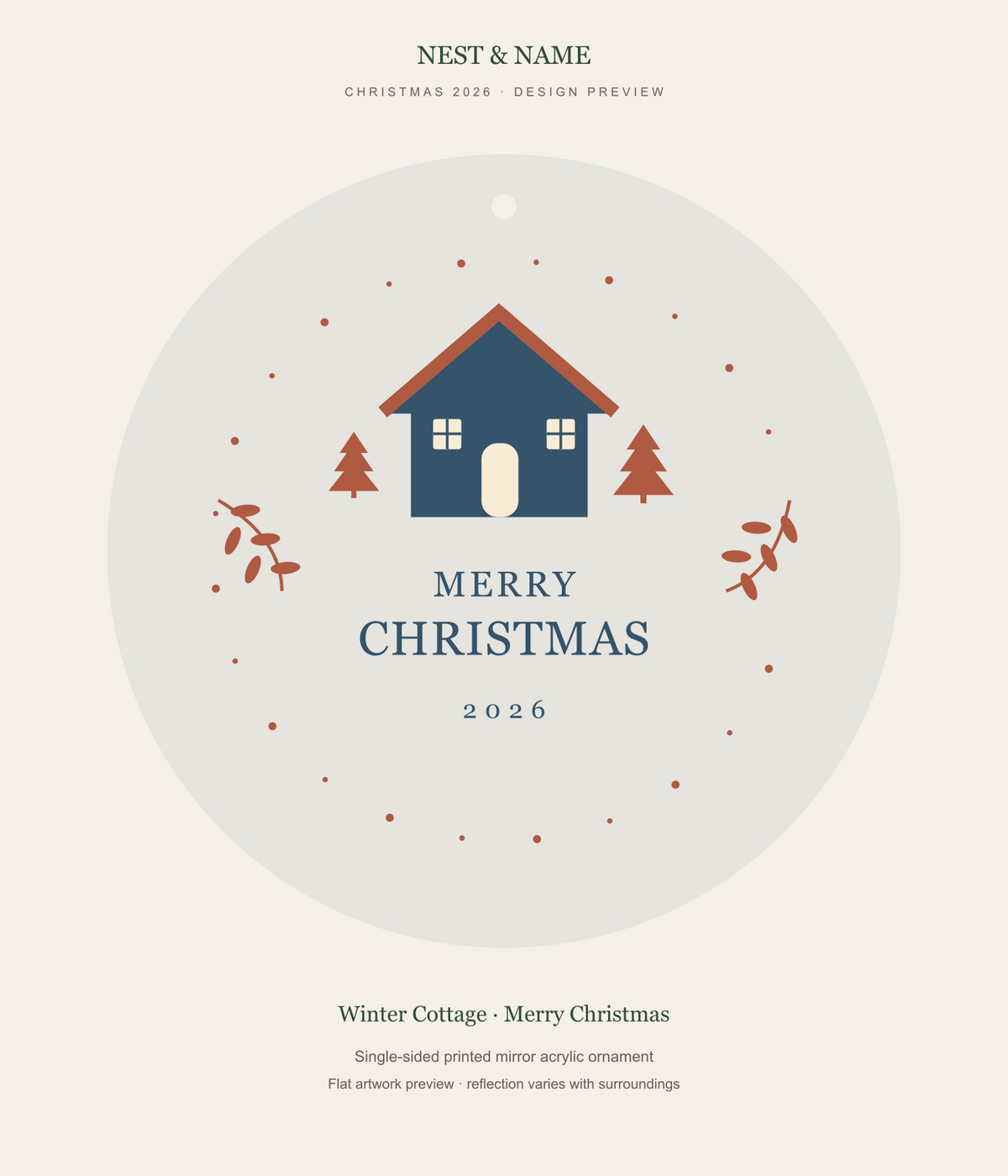 Winter Cottage Merry Christmas Mirror Ornament 2026 — flat artwork preview for mirror acrylic; not a photograph