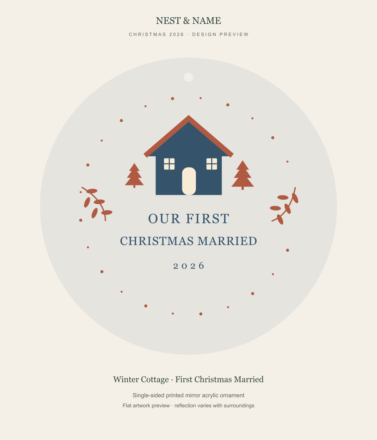 Winter Cottage First Christmas Married Mirror Ornament 2026 — flat artwork preview for mirror acrylic; not a photograph
