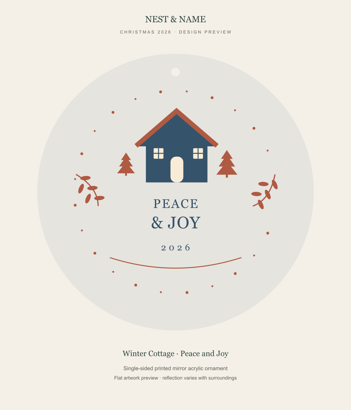 Winter Cottage Peace and Joy Mirror Ornament 2026 — flat artwork preview for mirror acrylic; not a photograph