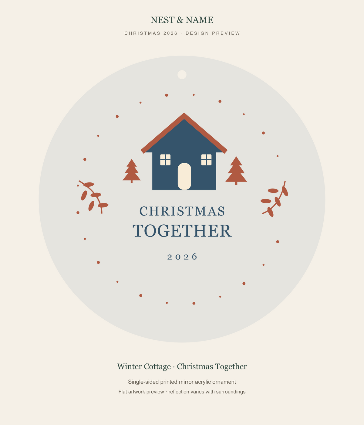 Winter Cottage Christmas Together Mirror Ornament 2026 — flat artwork preview for mirror acrylic; not a photograph