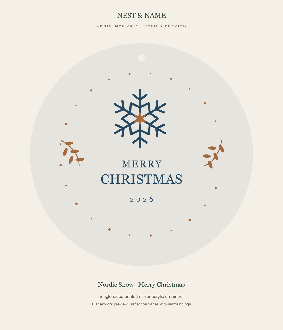 Nordic Snow Merry Christmas Mirror Ornament 2026 — flat artwork preview for mirror acrylic; not a photograph