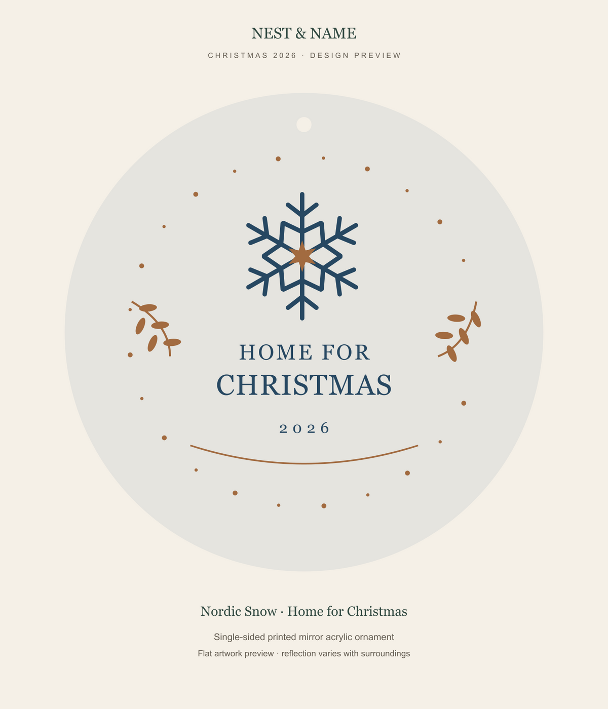 Nordic Snow Home for Christmas Mirror Ornament 2026 — flat artwork preview for mirror acrylic; not a photograph