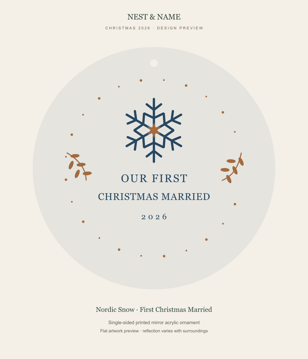 Nordic Snow First Christmas Married Mirror Ornament 2026 — flat artwork preview for mirror acrylic; not a photograph