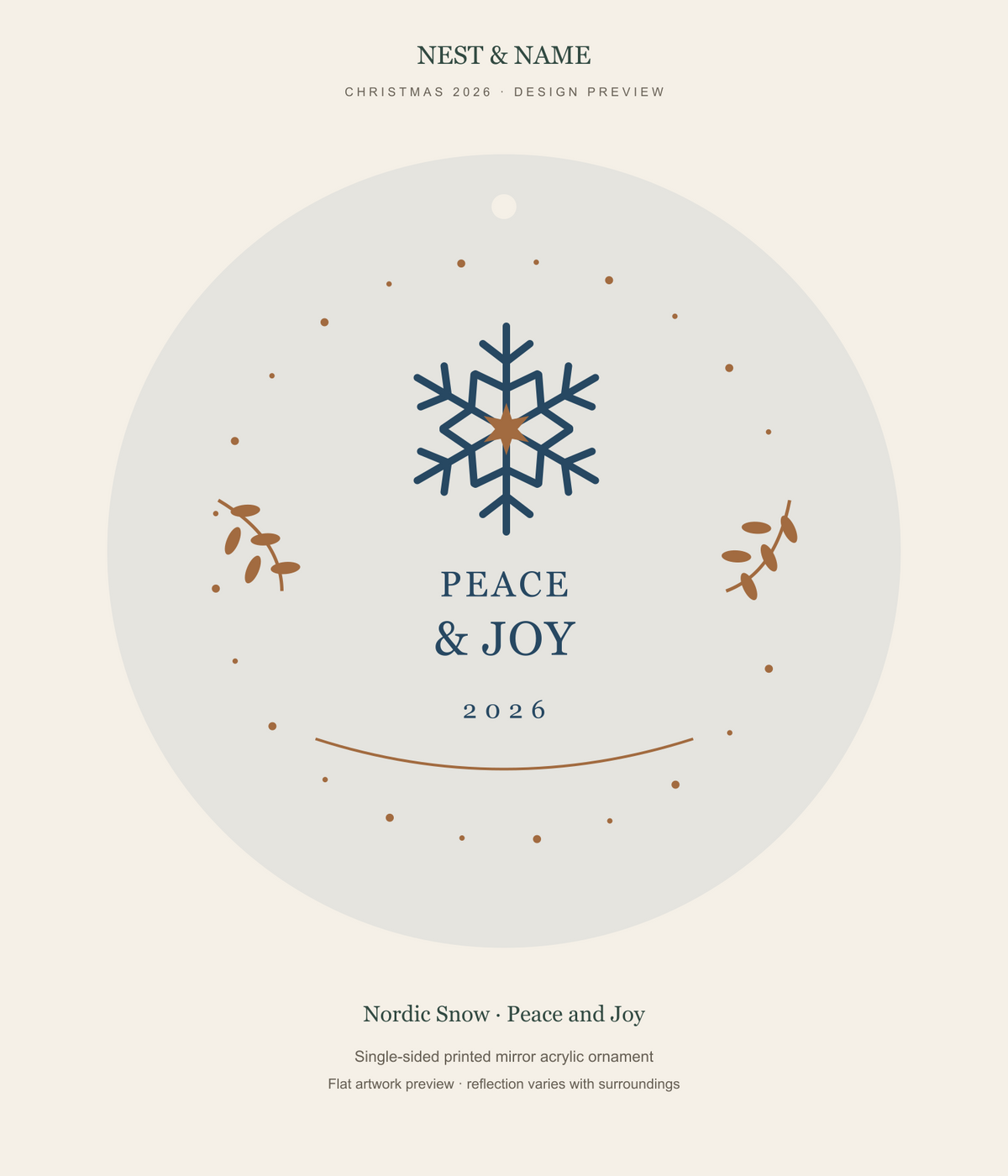 Nordic Snow Peace and Joy Mirror Ornament 2026 — flat artwork preview for mirror acrylic; not a photograph