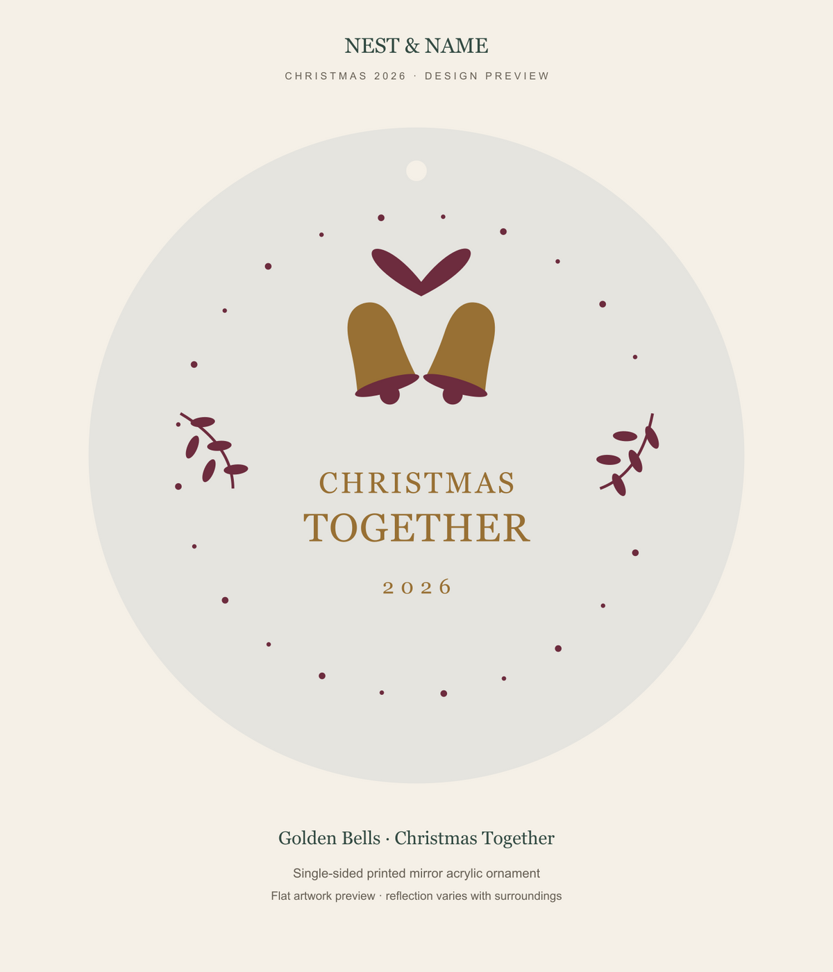 Golden Bells Christmas Together Mirror Ornament 2026 — flat artwork preview for mirror acrylic; not a photograph