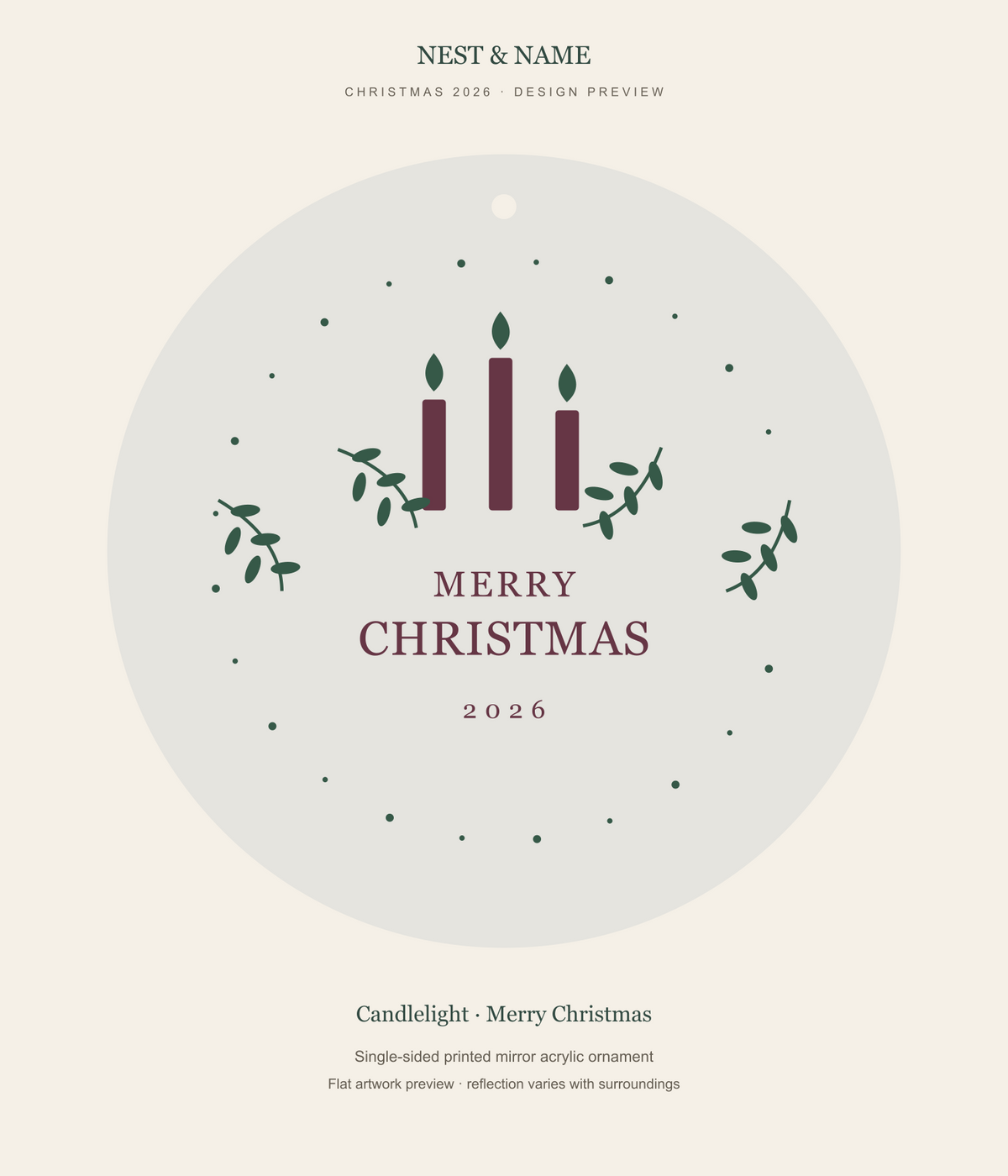 Candlelight Merry Christmas Mirror Ornament 2026 — flat artwork preview for mirror acrylic; not a photograph