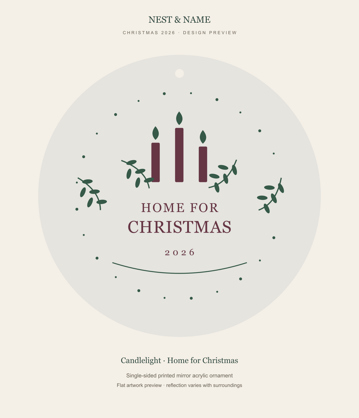 Candlelight Home for Christmas Mirror Ornament 2026 — flat artwork preview for mirror acrylic; not a photograph