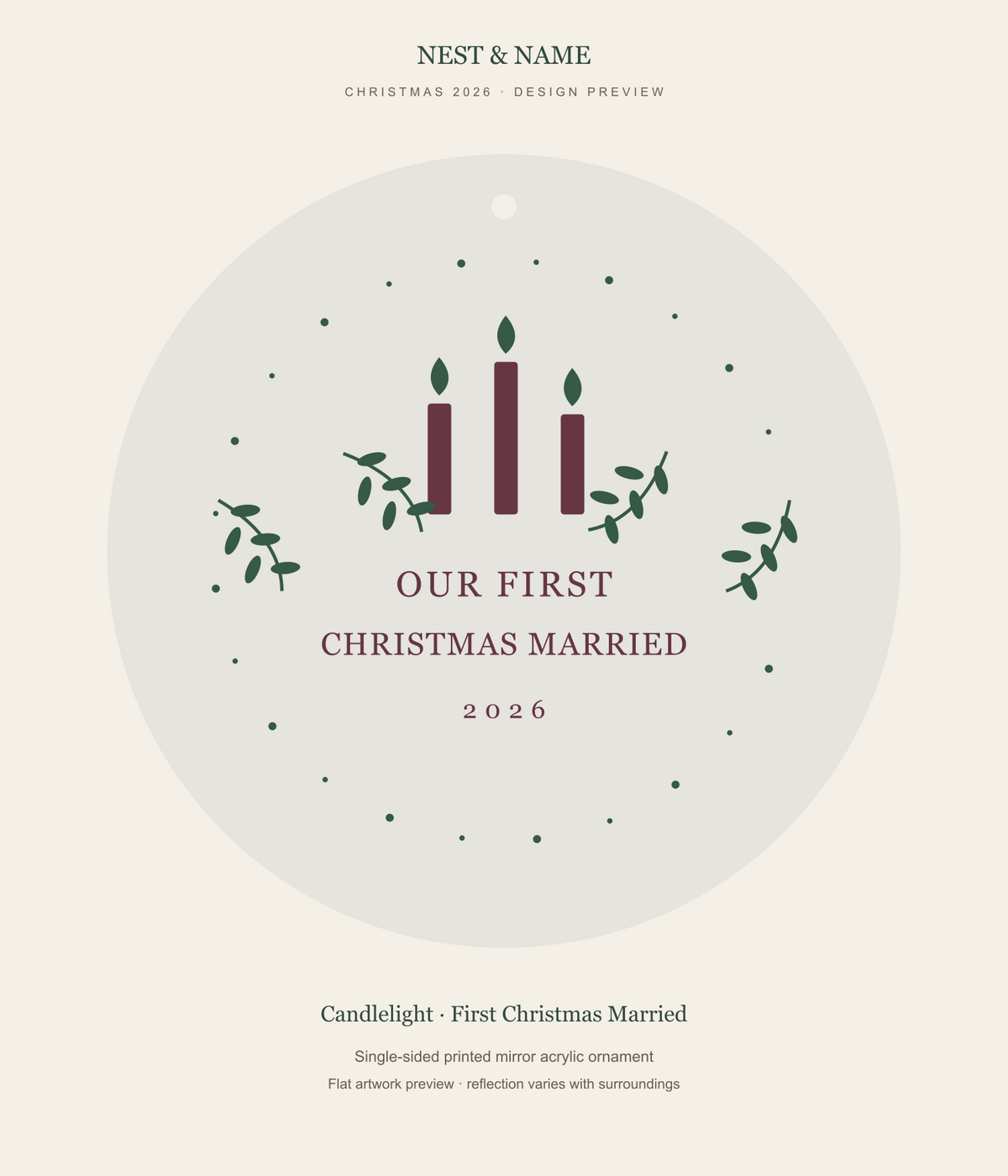 Candlelight First Christmas Married Mirror Ornament 2026 — flat artwork preview for mirror acrylic; not a photograph