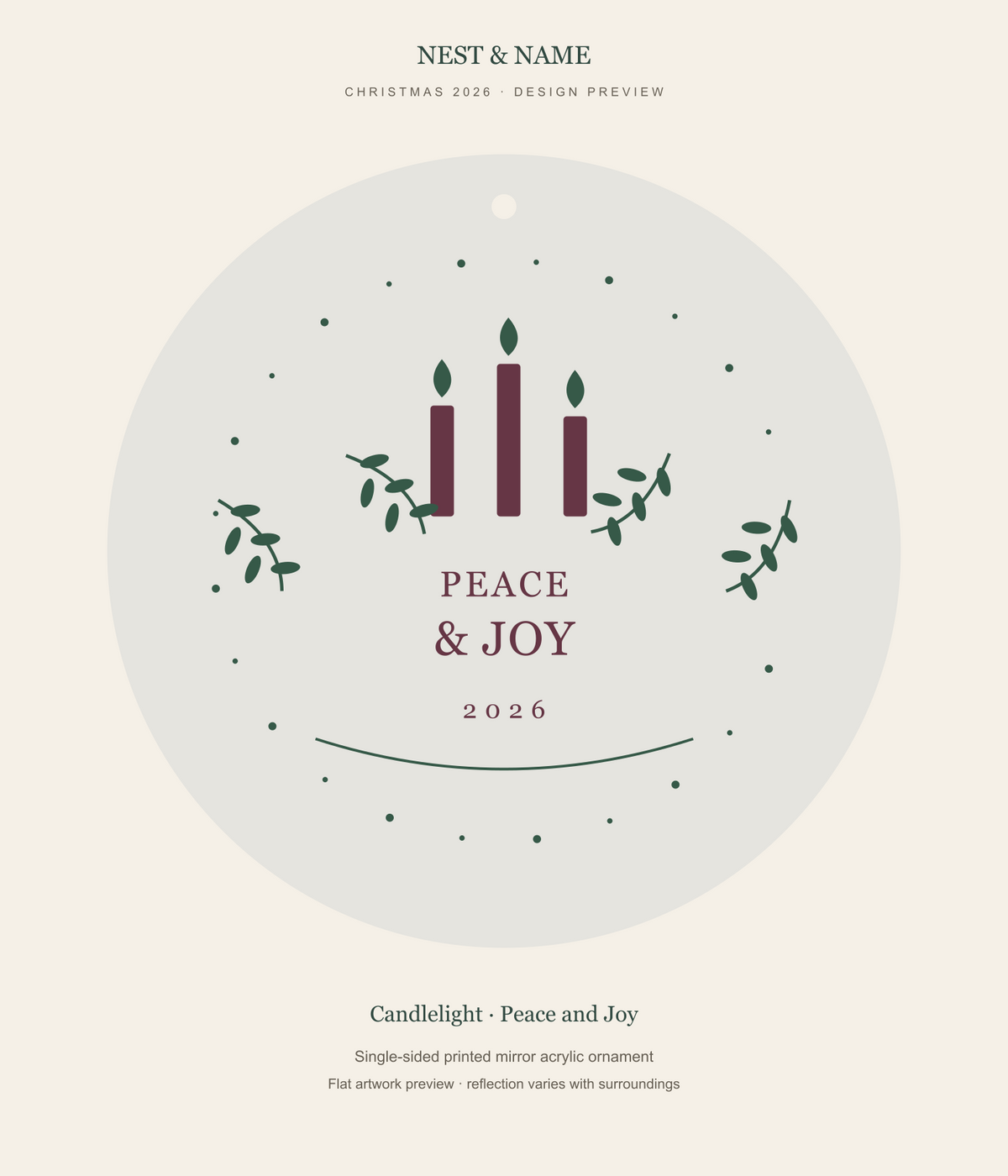 Candlelight Peace and Joy Mirror Ornament 2026 — flat artwork preview for mirror acrylic; not a photograph