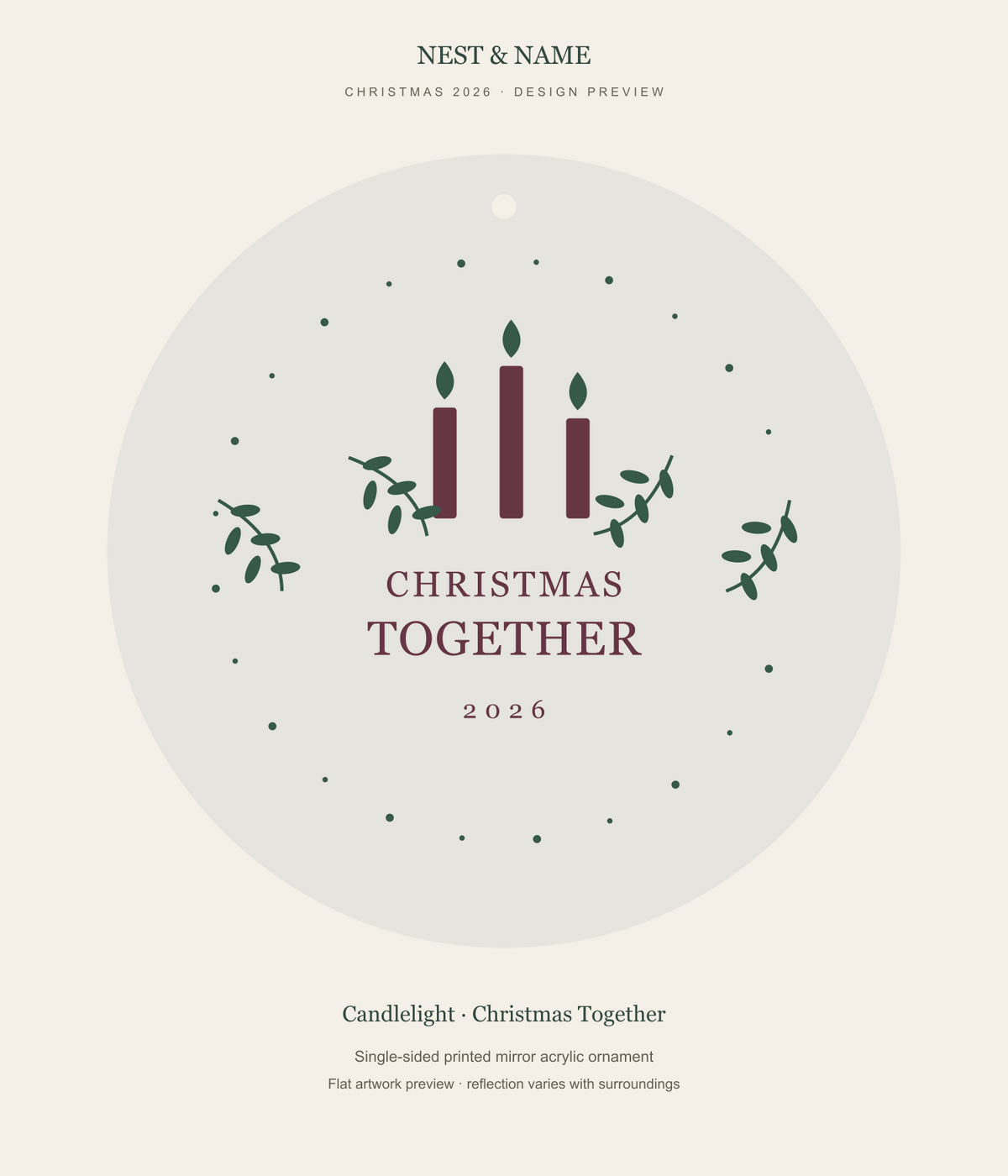 Candlelight Christmas Together Mirror Ornament 2026 — flat artwork preview for mirror acrylic; not a photograph