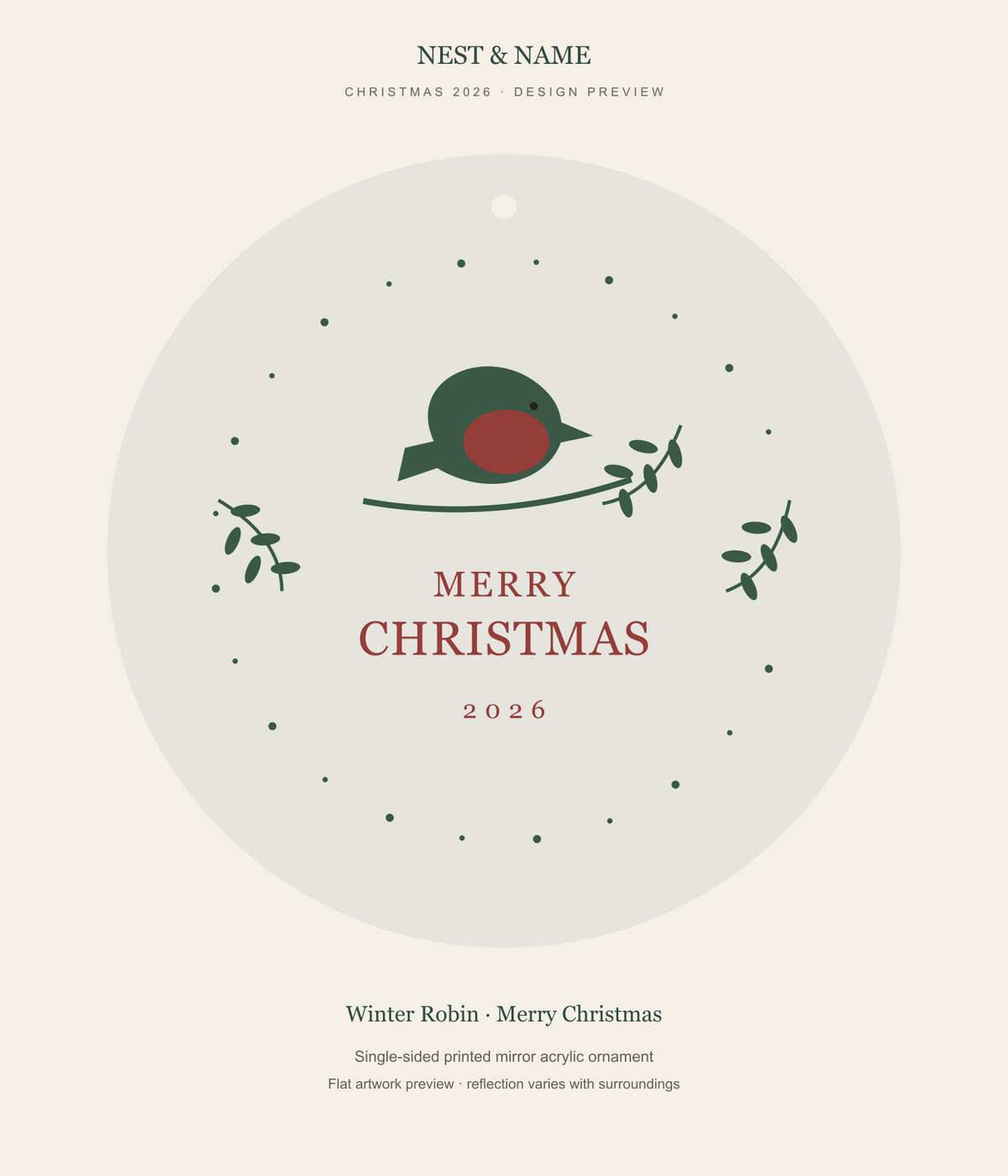 Winter Robin Merry Christmas Mirror Ornament 2026 — flat artwork preview for mirror acrylic; not a photograph