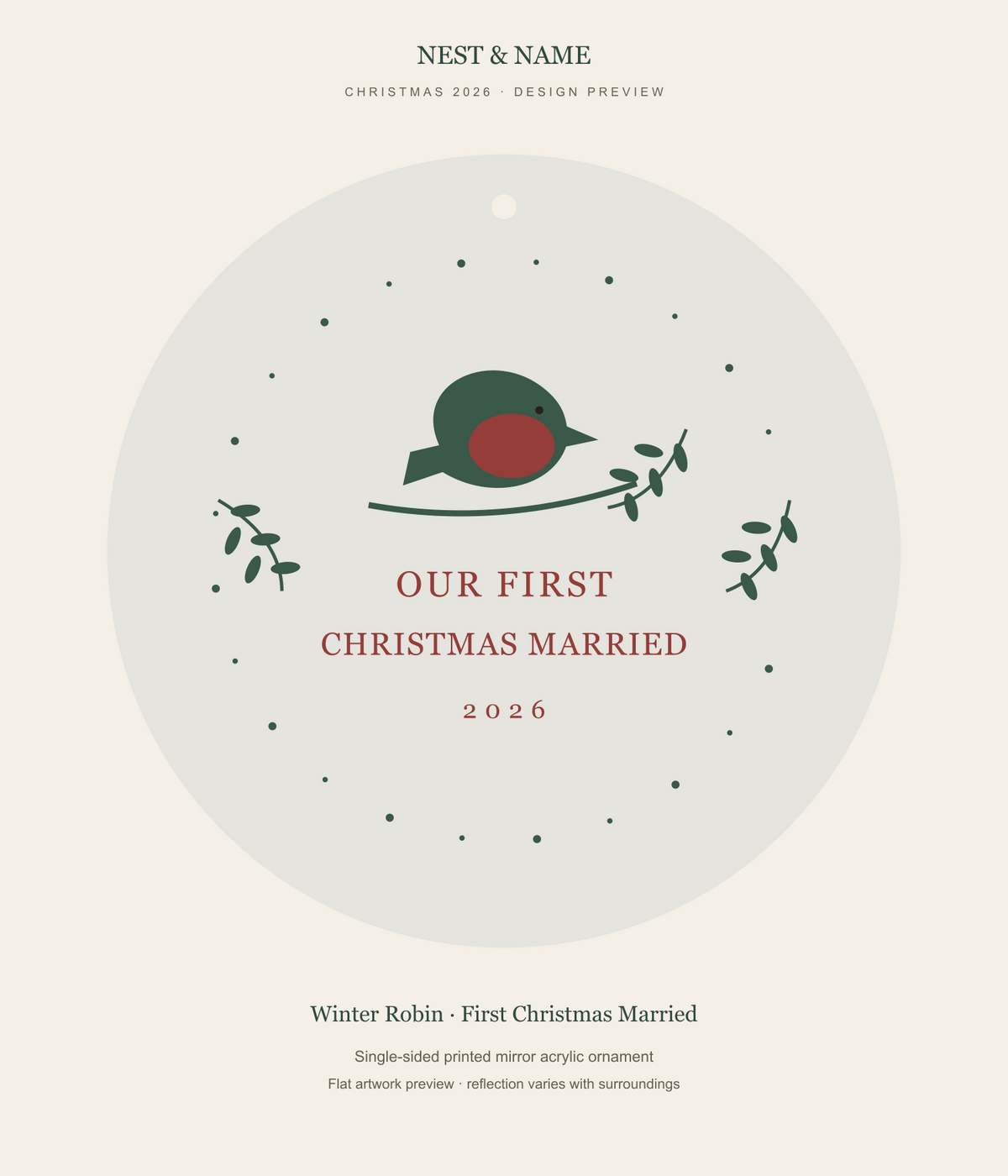 Winter Robin First Christmas Married Mirror Ornament 2026 — flat artwork preview for mirror acrylic; not a photograph