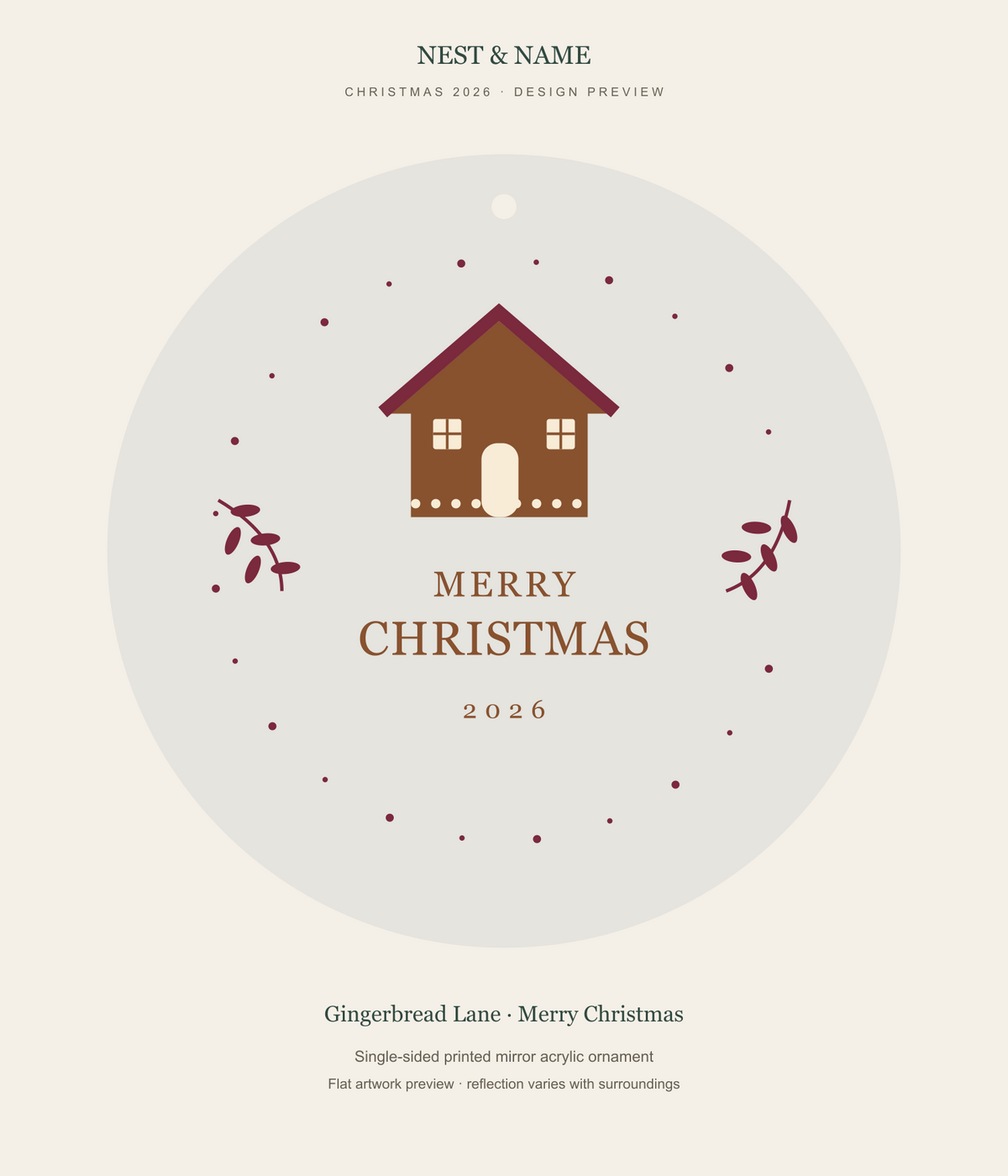 Gingerbread Lane Merry Christmas Mirror Ornament 2026 — flat artwork preview for mirror acrylic; not a photograph