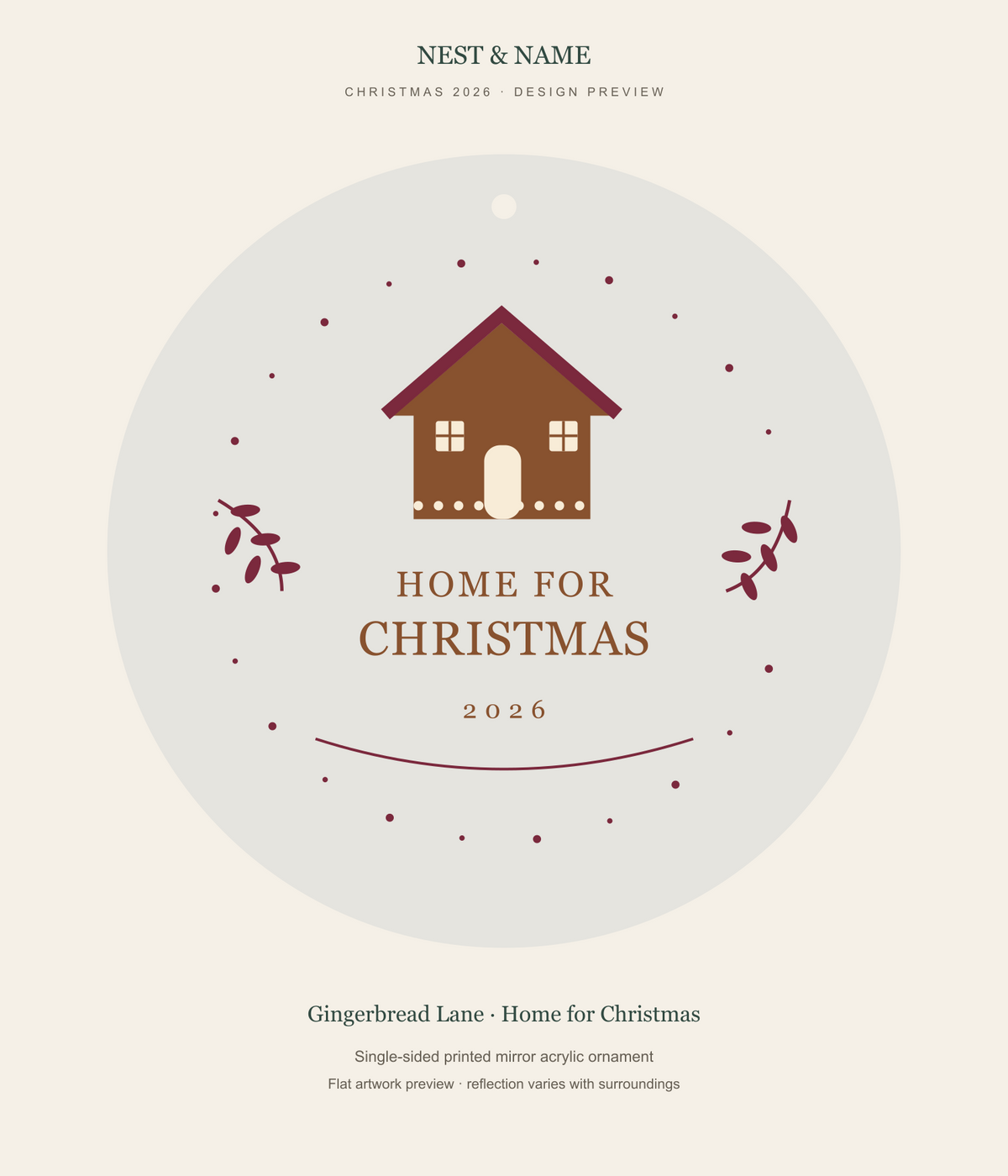 Gingerbread Lane Home for Christmas Mirror Ornament 2026 — flat artwork preview for mirror acrylic; not a photograph