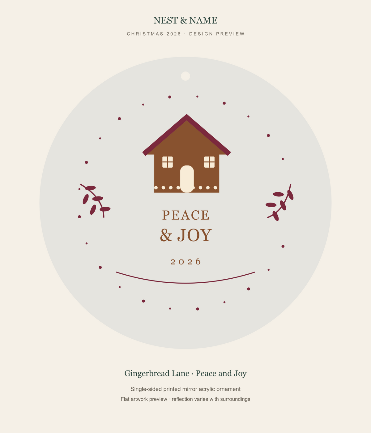 Gingerbread Lane Peace and Joy Mirror Ornament 2026 — flat artwork preview for mirror acrylic; not a photograph