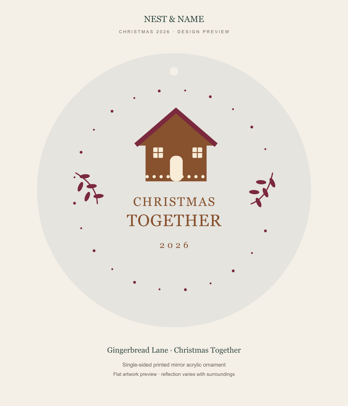 Gingerbread Lane Christmas Together Mirror Ornament 2026 — flat artwork preview for mirror acrylic; not a photograph