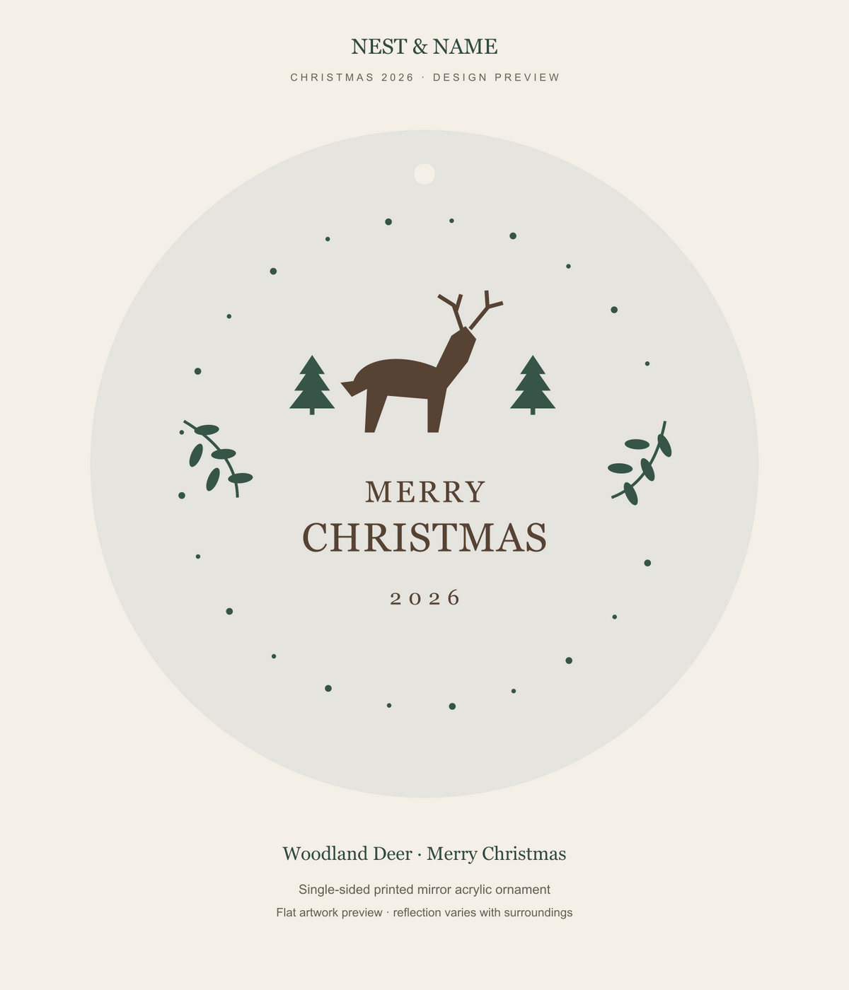 Woodland Deer Merry Christmas Mirror Ornament 2026 — flat artwork preview for mirror acrylic; not a photograph