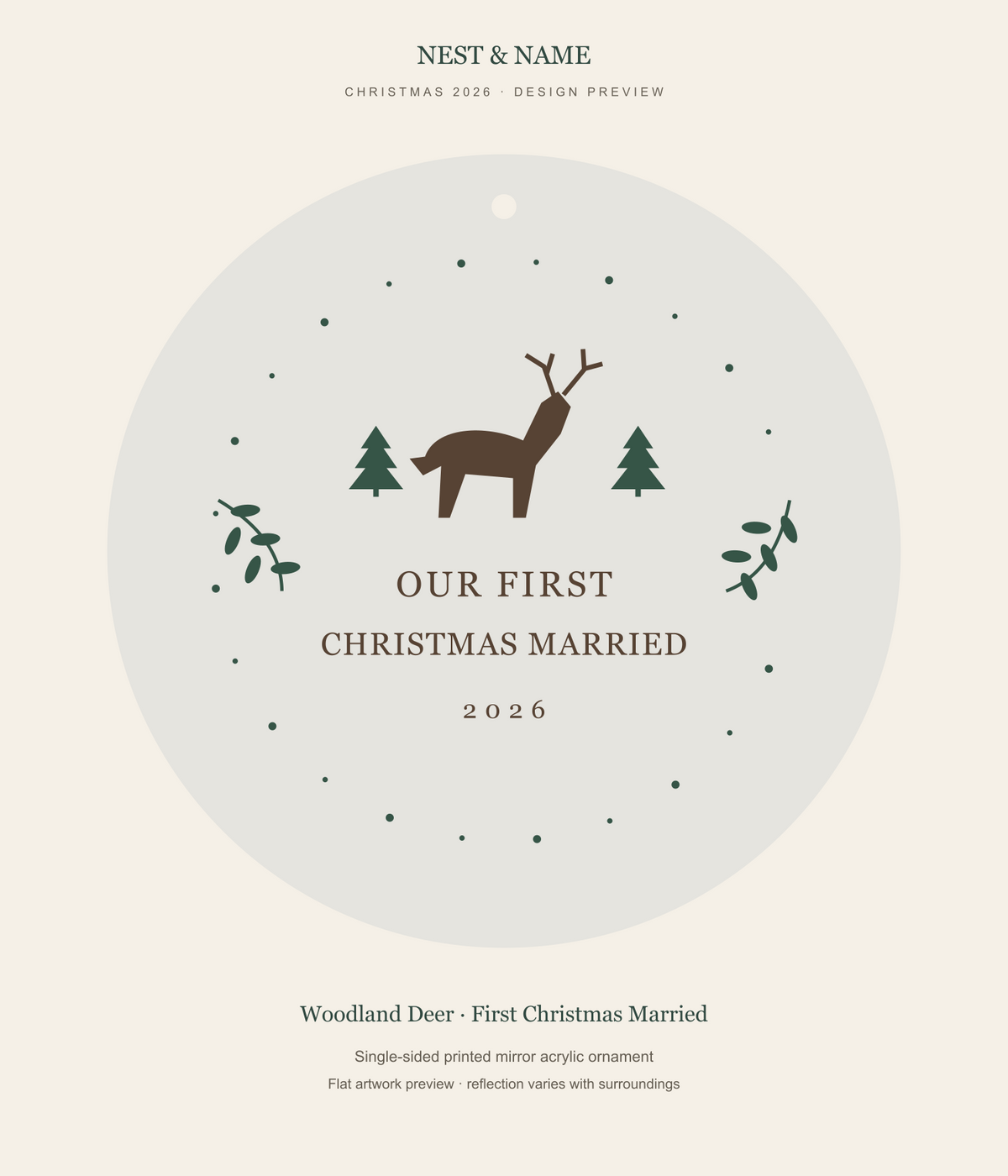Woodland Deer First Christmas Married Mirror Ornament 2026 — flat artwork preview for mirror acrylic; not a photograph