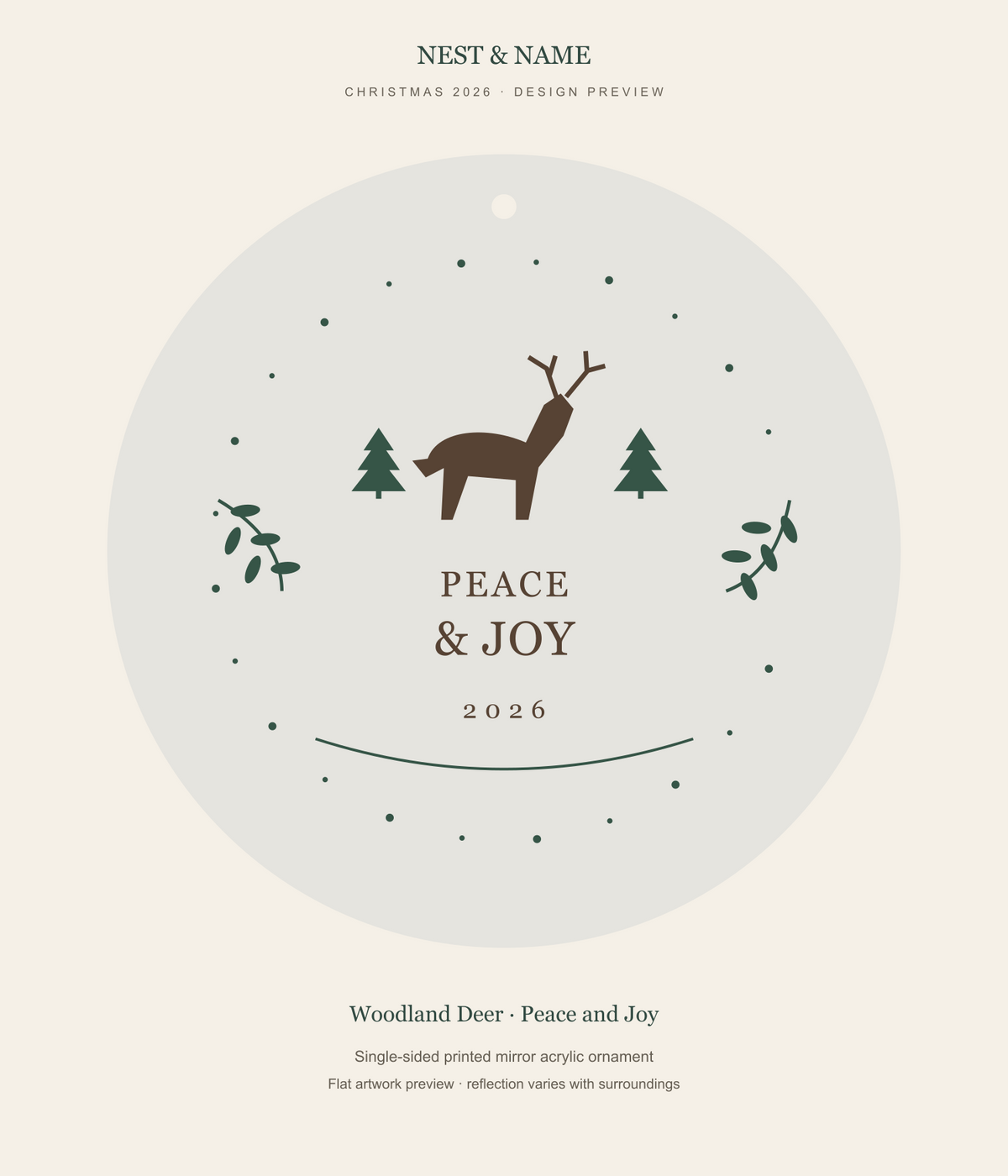 Woodland Deer Peace and Joy Mirror Ornament 2026 — flat artwork preview for mirror acrylic; not a photograph
