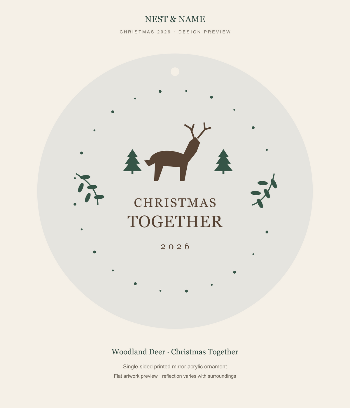 Woodland Deer Christmas Together Mirror Ornament 2026 — flat artwork preview for mirror acrylic; not a photograph