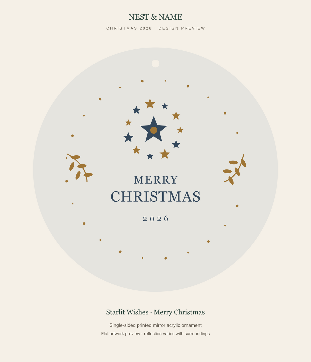 Starlit Wishes Merry Christmas Mirror Ornament 2026 — flat artwork preview for mirror acrylic; not a photograph