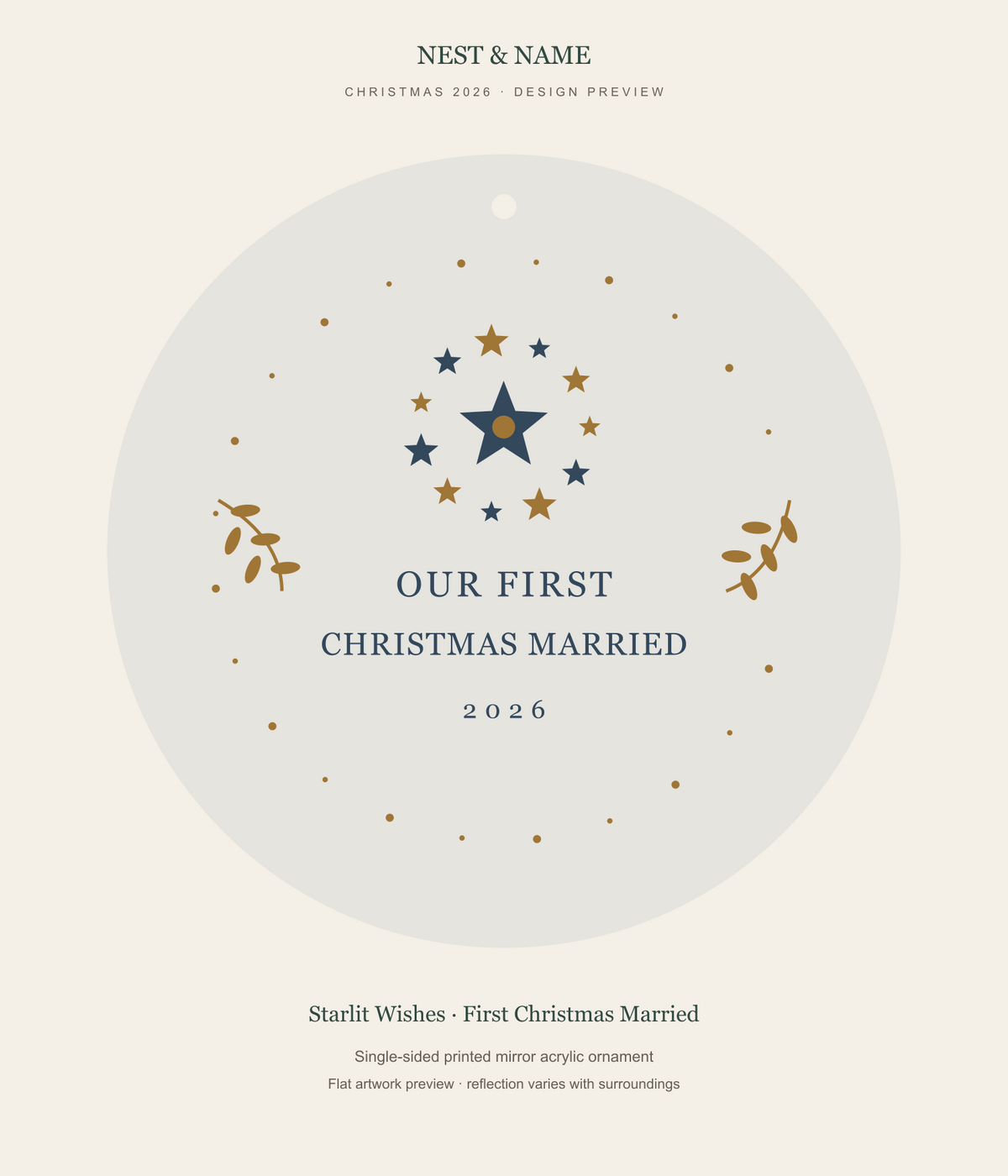 Starlit Wishes First Christmas Married Mirror Ornament 2026 — flat artwork preview for mirror acrylic; not a photograph
