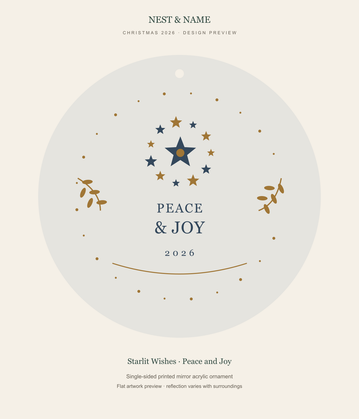 Starlit Wishes Peace and Joy Mirror Ornament 2026 — flat artwork preview for mirror acrylic; not a photograph